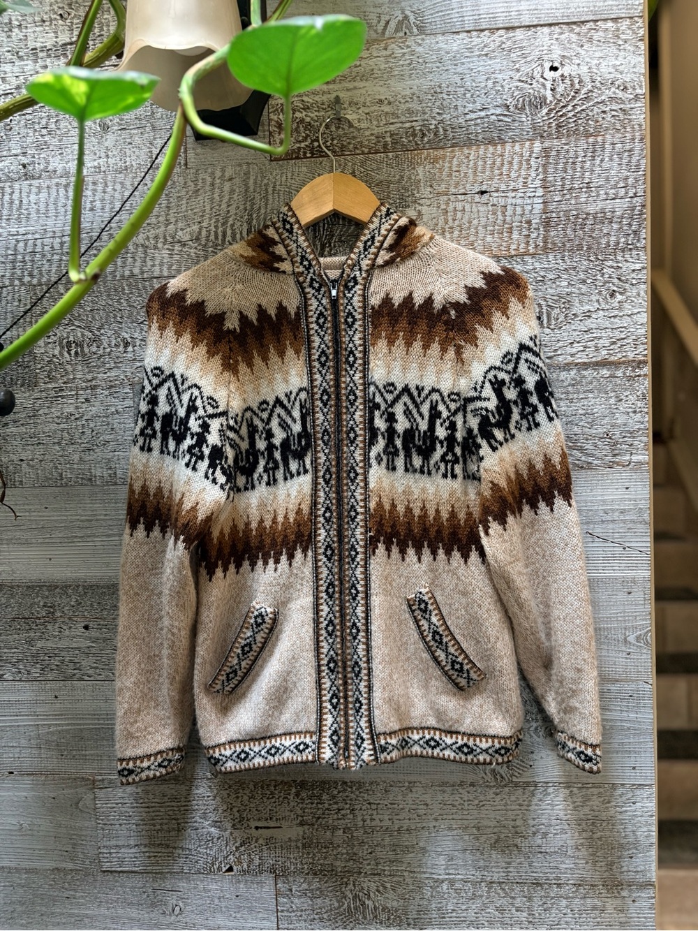 South American Full Zip Wool-Blend Hooded Jacket - Unisex XS/S, Cream/Brown